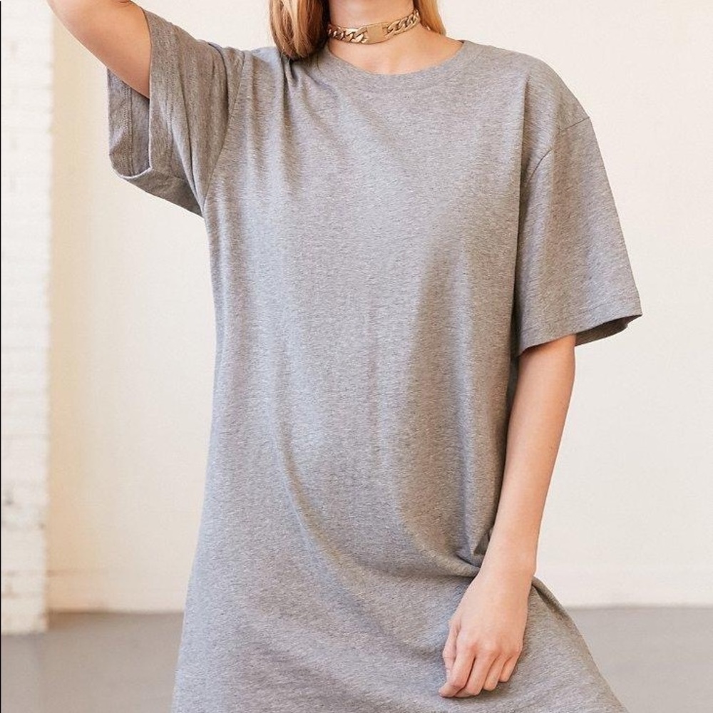 Casual Grey T-Shirt Dress - Crew Neck, Short Sleeve